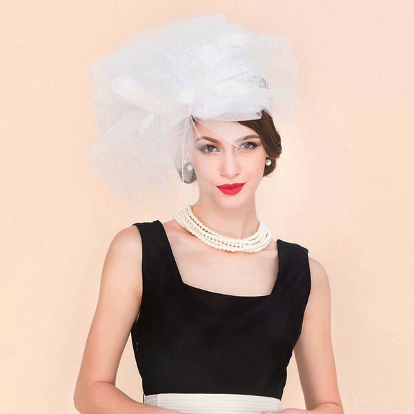 White Big Faux Feather Mesh Kentucky Derby Fascinator Headband